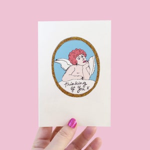 Thinking of You-kaart, cherubijn illustratie Missing You handgemaakte kaart, valentijnskaart. Galentines-kaart voor ondersteuning