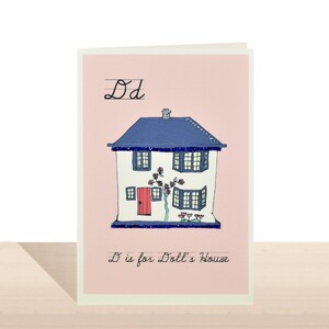 D is voor Doll's House Card, alfabet Kid's verjaardagskaart, Glitter verfraaid Dollhouse wenskaart, D-kaart, gepersonaliseerde 'D' eerste kaart