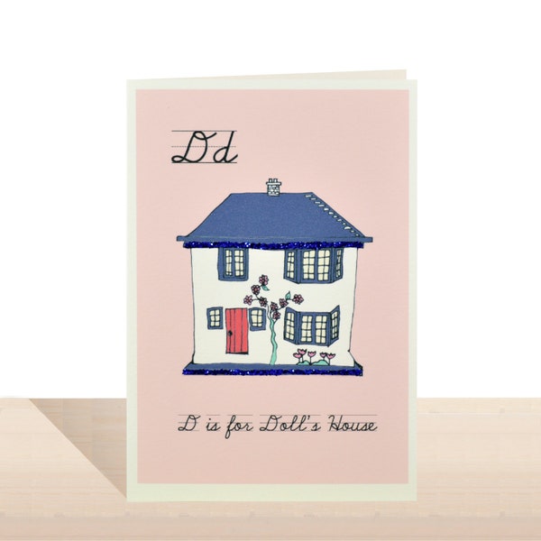 D is For Doll's House Card, Alphabet Kid's Birthday Card, Glitter Embellished Dollhouse Greeting Card, D Card, Personalised 'D' Initial Card