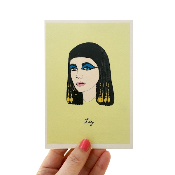 Liz Taylor Cleopatra Card, Iconic Figure Card,  Illustrated Card for Film Lover, Elizabeth Taylor Cleopatra Birthday Card, Tribute Card