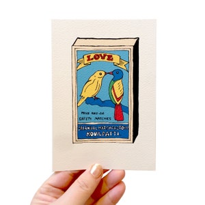 Tarjeta Lovebirds Matchbox, tarjeta de San Valentín ilustrada de Matchbox indio o tarjeta de aniversario con adorno de brillo