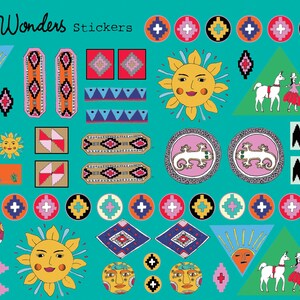 Pu&ograve; includere: Un foglio di adesivi colorati con una variet&agrave; di disegni, tra cui soli, motivi geometrici, animali e un lama. Gli adesivi sono su uno sfondo turchese e il testo "Rosie Wonders Stickers" &egrave; in cima al foglio.