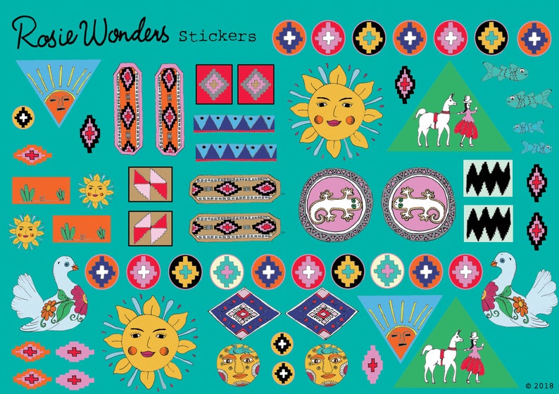 Pu&ograve; includere: Un foglio di adesivi colorati con una variet&agrave; di disegni, tra cui soli, motivi geometrici, animali e un lama. Gli adesivi sono su uno sfondo turchese e il testo "Rosie Wonders Stickers" &egrave; in cima al foglio.