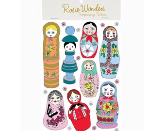 Russian Doll Temporary Tattoos With Metallic Foils, Nesting Dolls Temporary Tattoo Pack, Party Favours For Kids