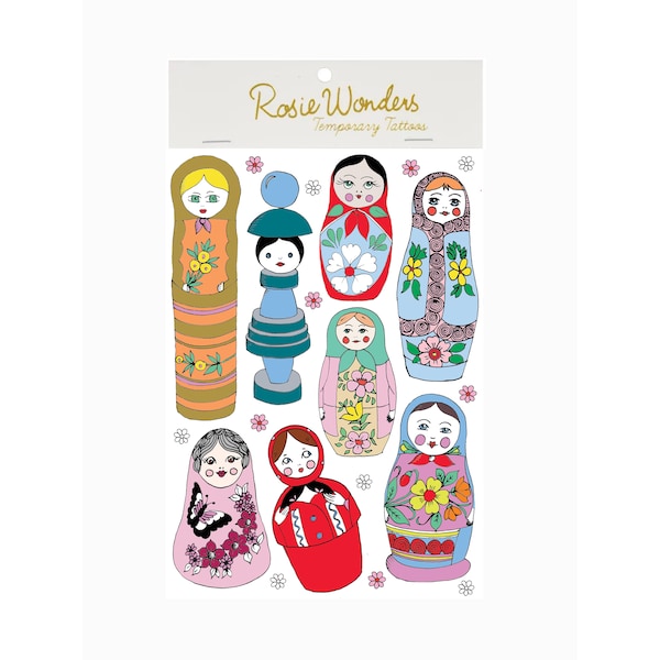 Russian Doll Temporary Tattoos With Metallic Foils, Nesting Dolls Temporary Tattoo Pack, Party Favours For Kids
