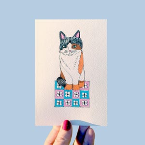 Handmade Calico Cat on Mat Illustrated Card, Cat Theme Birthday Card