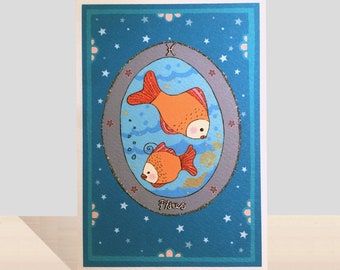 Pisces Zodiac Birthday Card, Star Sign Glitter Handmade Card, February Birthday, March Birthday Illustrated Art Card