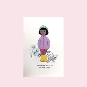 Kaart van Thursday's Child Has Far to Go, nieuwe babykaart, verjaardagskaart van het kind, kinderliedje A5-print, kaart voor kleinkind geboren op donderdag