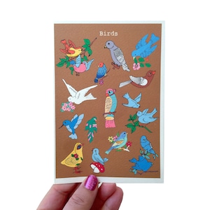 Cartão de pássaros, cartão de aniversário com tema de pássaros, cartão feito à mão, cartão ilustrado de pássaros
