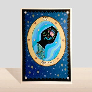 Cartão de aniversário do zodíaco Aquarius, cartão feito à mão com glitter do signo da estrela, aniversário de janeiro, cartão de arte ilustrado de aniversário de fevereiro