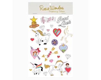 Unicorn Temporary Tattoos, Cute Unicorns Gift, Kids Party Favour, Rosie Wonders Tattoos, Birthday Gift, Child's Valentines Gift,