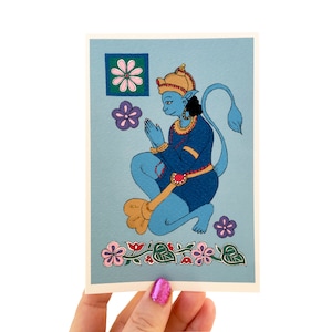 Lord Hanuman Hindoe Godheid Kaart, Hindoe God Kaart, Indiase Wenskaart, Glitter Hanuman Verjaardagskaart, Kaart voor een vriend, Mini Art Print