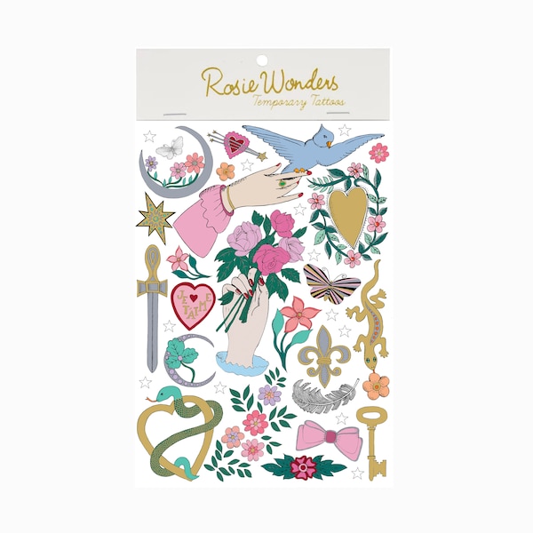 Metallic Temporary Tattoos With Heart Snake Dagger & Key, Victorian Jewellery Fake Tattoos For a Festival Party or Wedding, Valentines Gift