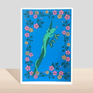 Carte faite main florale de lézard pour toute occasion, carte d'anniversaire de gecko pour lui ou elle