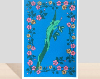 Carte faite main florale de lézard pour toute occasion, carte d'anniversaire de gecko pour lui ou elle