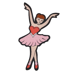 May include: An embroidered iron-on patch of a ballerina wearing a pink tutu and a red heart-shaped bodice.