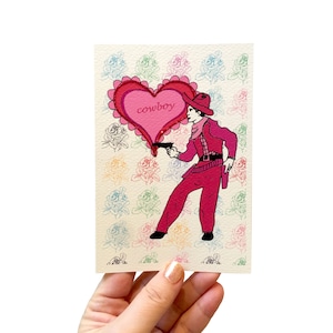 Cartão de dia dos namorados feito à mão com coração vermelho glitter cowboy, cartão de dia dos namorados kitsch com arma para ele, cartão de aniversário divertido