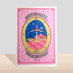 Cartão de aniversário do zodíaco Libra, cartão feito à mão com glitter do signo da estrela, aniversário de setembro, cartão de arte ilustrado de aniversário de outubro