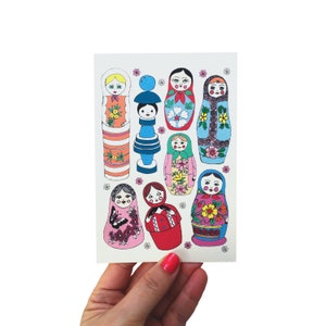 Russische Puppen Illustrierte Geburtstagskarte, Kindergeburtstagskarte, Tattoo Flash Karte, Nesting Dolls Mini Art Print, Matrioska Karte