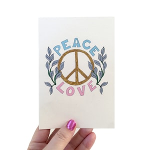 Carte d'amour de paix avec signe de paix de paillettes d'or, carte de Saint-Valentin faite à la main, carte de paix de Rosie Wonders, carte illustrée de paix et d'amour