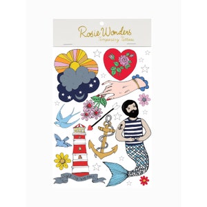 Nautical Theme A5 Temporary Tattoo Sheet,  Lighthouse, Anchor, Sailor Merman Fake Tattoos, Swallow Bird Tattoo, Party Favour Tattoos