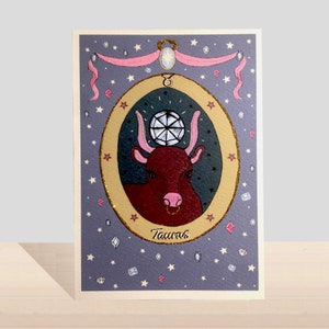 Cartão de aniversário do zodíaco Taurus, cartão feito à mão com glitter do signo da estrela, aniversário de abril, cartão de arte ilustrado de aniversário de maio