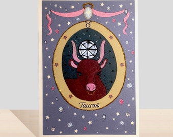 Taurus Zodiac Birthday Card, Star Sign Glitter Handmade Card, April Birthday, May Birthday Illustrated Art Card