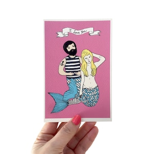 I Love You Mermaid and Merman Valentines Card, Cute Couple Handmade Illustrated Anniversary Card with Glitter