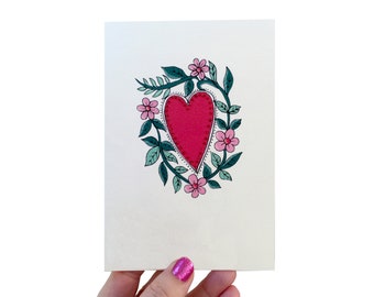Heart with Vines Valentines Card, Handmade Card For Mother's Day or Anniversary