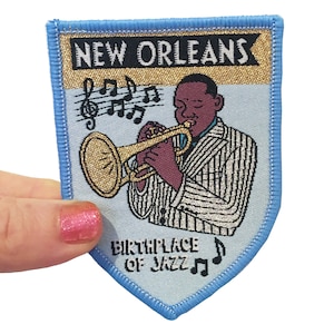 New Orleans Travel Patch, Iron on Patch, Jazz musician, Birthplace of Jazz, Trumpet Player, Jazz Fan Gift, Birthday Gift For Dad