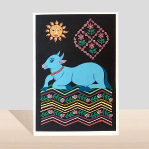Indian Inspired Handmade Card For Any Occasion With Sacred Cow and Gold Glitter, Hindu Sacred Cow and Block Print Pattern Birthday Card