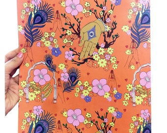 Floral Indian Inspired Pattern Wrapping Paper Pack of 3 Sheets, Namaste Praying Hands, Floral Illustrated Gift Wrap, Birthday Wrapping