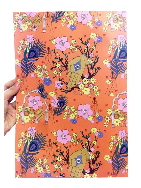Floral Indian Inspired Pattern Wrapping Paper Pack of 3 Sheets, Namaste Praying Hands, Floral Illustrated Gift Wrap, Birthday Wrapping