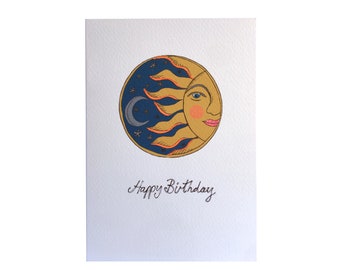 Sun and Moon Birthday Card, Handmade Smiling Sun Card with Pink and Orange Glitter Highlights