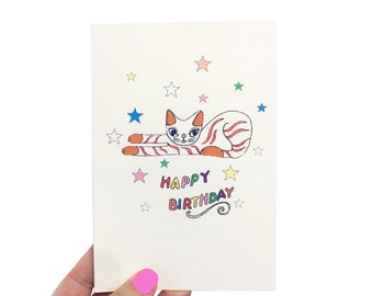 Stretching Cat Birthday Card, Handmade Cat Card, Cat Greeting Card, Ginger Cat Card, Cat Lover Birthday Card