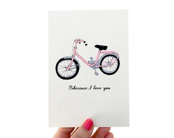 Funny Pun Bikeause I Love You Tarjeta de San Valentín para ella, tarjeta de San Valentín de bicicleta rosa ilustrada para ciclista, tarjeta de aniversario