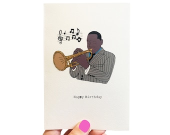 Jazz Musician Happy Birthday Card, Glitter Trumpet Player Card, Handmade Illustrated Jazz Trumpeter Card For Dad’s 50th or 60th Birthday