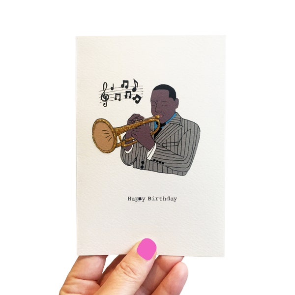 Carte de joyeux anniversaire de musicien de jazz, carte de joueur de trompette à paillettes, carte de trompette de jazz illustrée à la main pour le 50e ou 60e anniversaire de papa