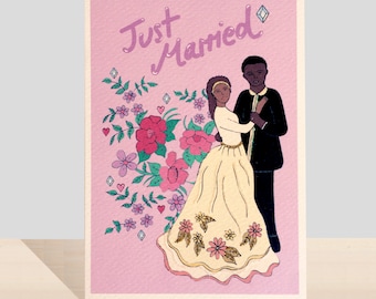 Carte de vœux pour couple juste marié, carte illustrée noire pour couple
