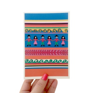 Cartão feito à mão da arte popular das bonecas da preocupação, cartão peruano embelezado do teste padrão do brilho, cartão de aniversário colorido