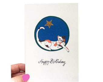 Calico Cat Birthday Card, Handmade Relaxed Cat Card with Gold Glitter Highlights