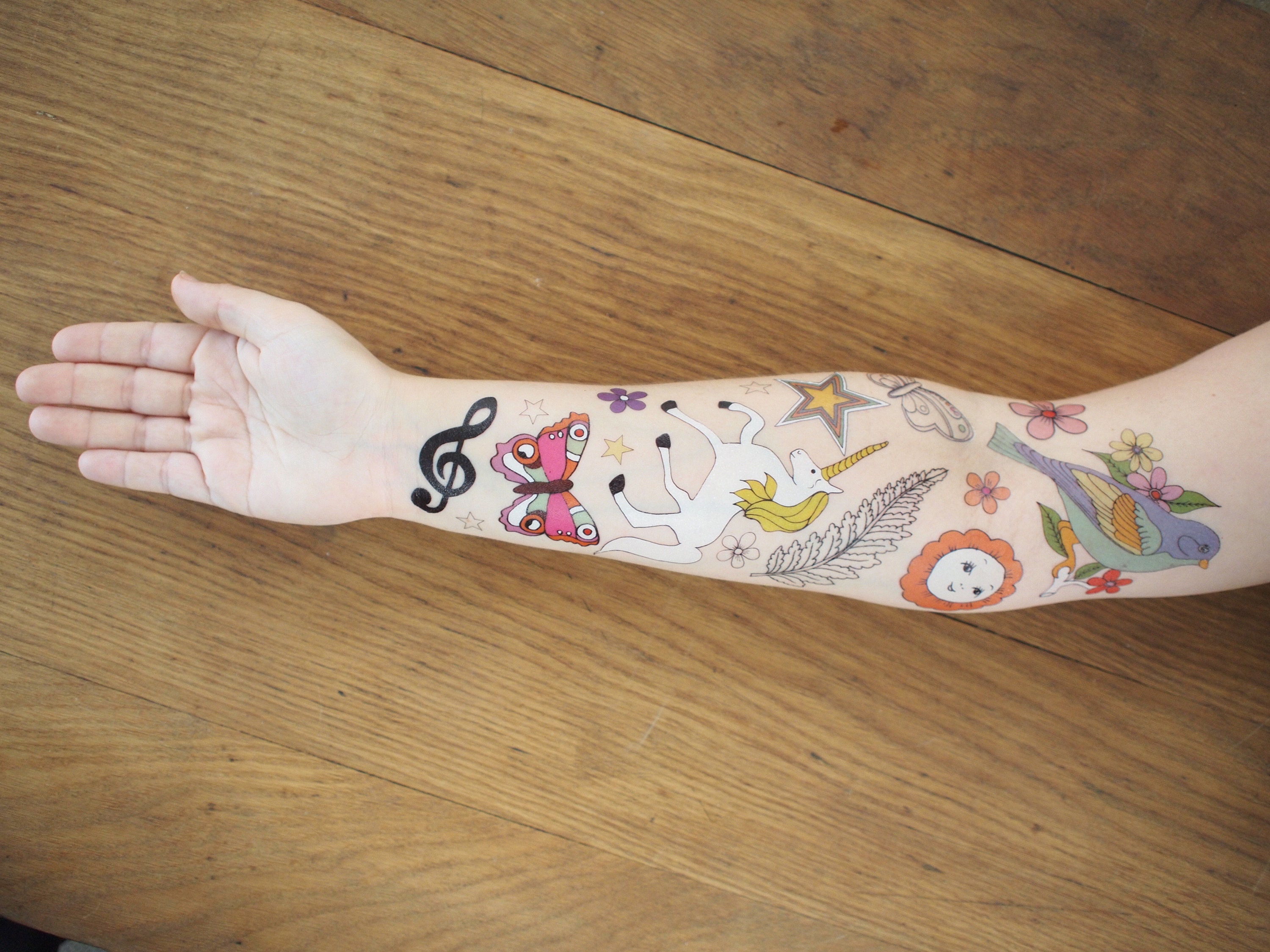 Unicorn Floral Temporary Tattoos With Pretty Bird Flowers and Stars, A5 Temporary Tattoo Sheet, Tattoos for The Pool