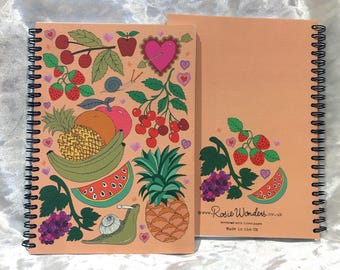 Fruit A5 Notepad, Cherries Snail and Tropical Fruit 100 Page Spiral Bound Notepad, lined thick pages notebook, Birthday or Christmas Gift