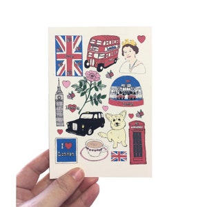 Cartão de lembrança ilustrado de Londres, cartão de aniversário de táxi e ônibus vermelho de Londres, cartão da Rainha Elizabeth II, cartão britânico Union Jack, cartão memorial