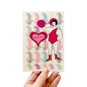 Victorian Muscle Man Valentines Card, Kitsch Weight Lifter Funny Valentines Card for Him