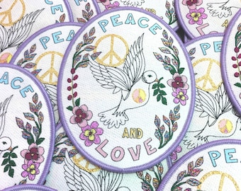 Metallic Peace and Love Iron on Patch, Lilac Peace Dove Patch For Jacket or Bag, Floral Anti-War Patch