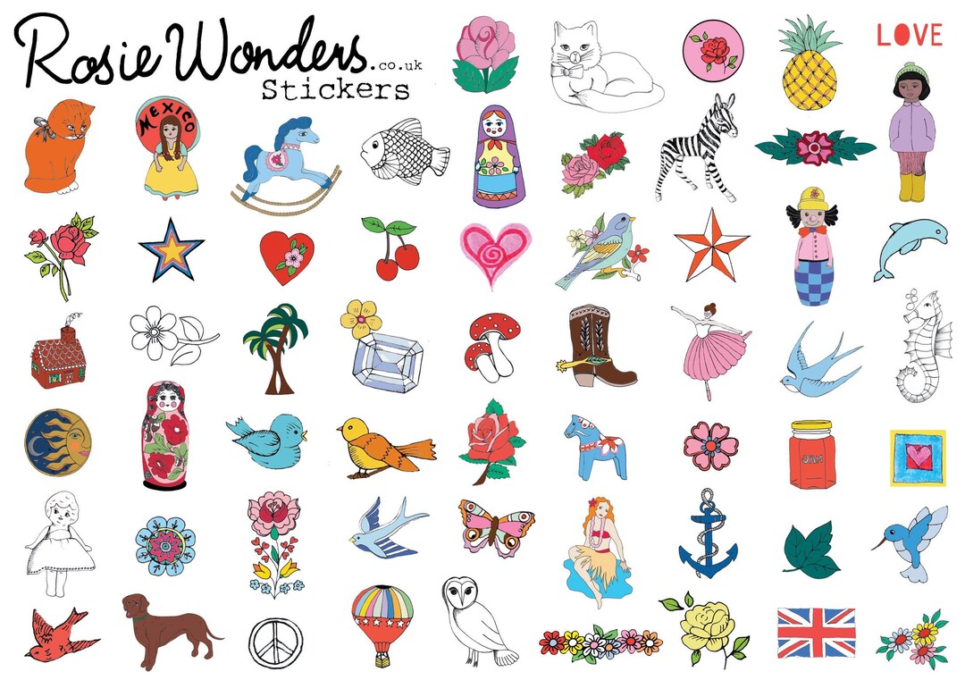 59 Cute Mini Stickers, A5 Sticker Sheet, Illustrated Miniature Paper ...