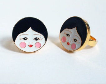 Cute Enamel Doll Face Gold Plated Ring, Kitsch Nesting Doll Ring, Gift for Her