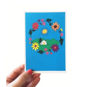 Card For a New Home, Colourful Floral Countryside Hills With Tent Card