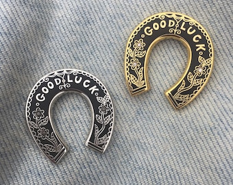 Good Luck Horseshoe Enamel Pin, Silver and Black or Black and Gold Positive Message Gift, Lapel Pin